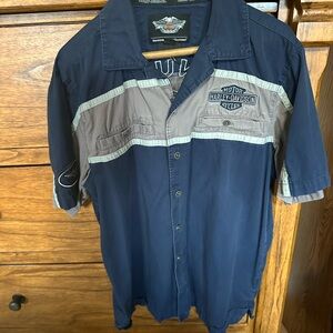 Harley-Davidson Navy and Gray Short Sleeve Button-Up Shirt